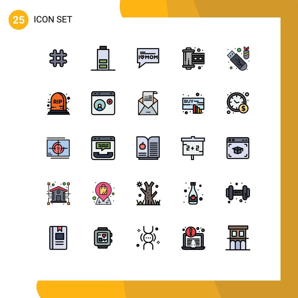Set of 25 Vector Filled line Flat Colors on Grid for ddos attack love usb photograph Editable Vector Design Elements