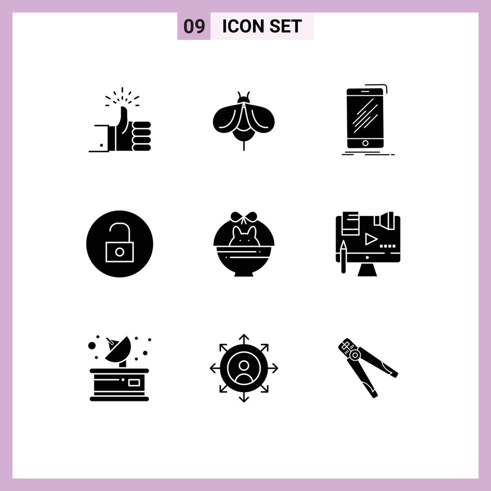 Pack of 9 Modern Solid Glyphs Signs and Symbols for Web Print Media such as multimedia media bug unlock smartphone Editable Vector Design Elements