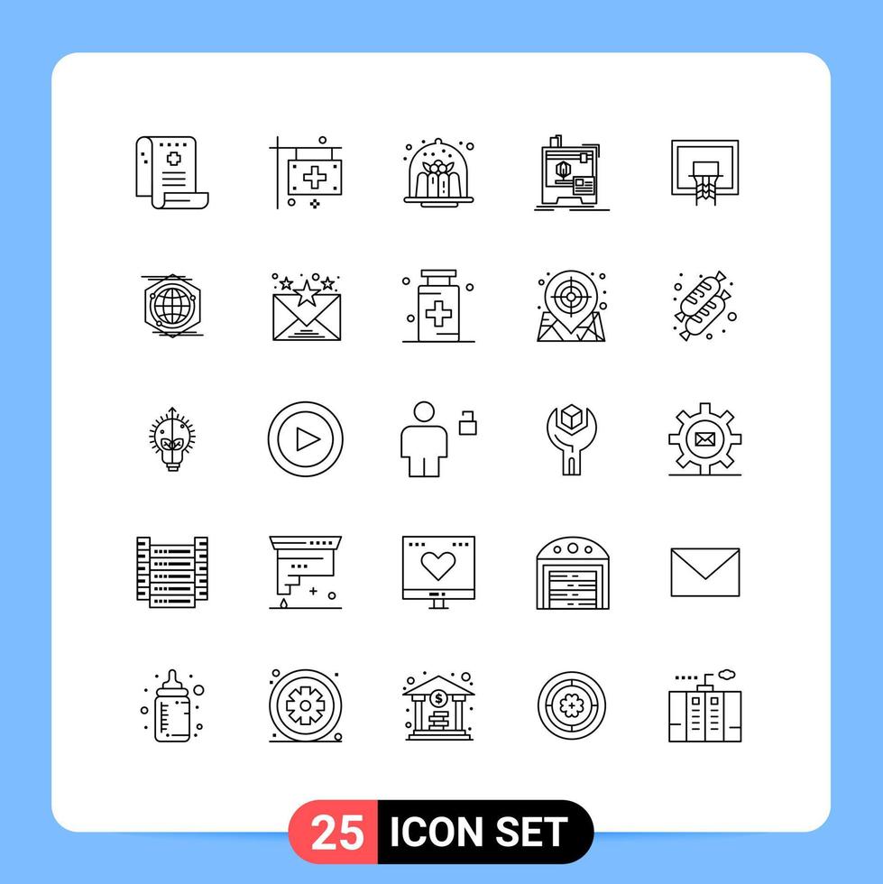 Mobile Interface Line Set of 25 Pictograms of printer dimensional health food cake Editable Vector Design Elements