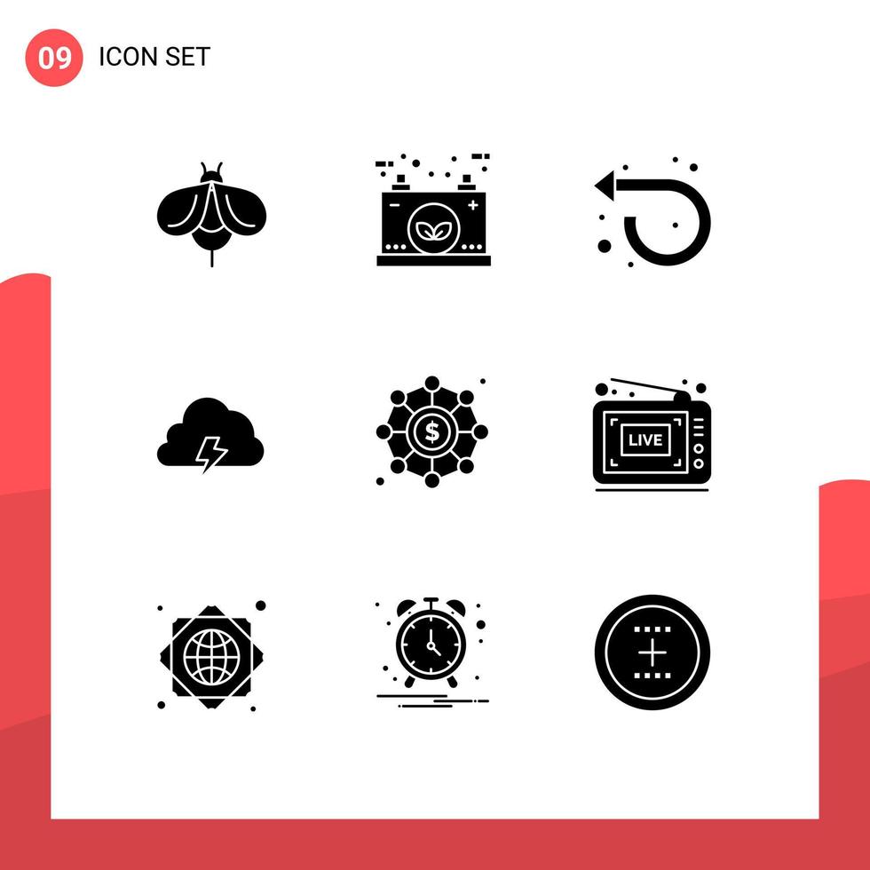 9 Thematic Vector Solid Glyphs and Editable Symbols of sun nature electric cloud left Editable Vector Design Elements