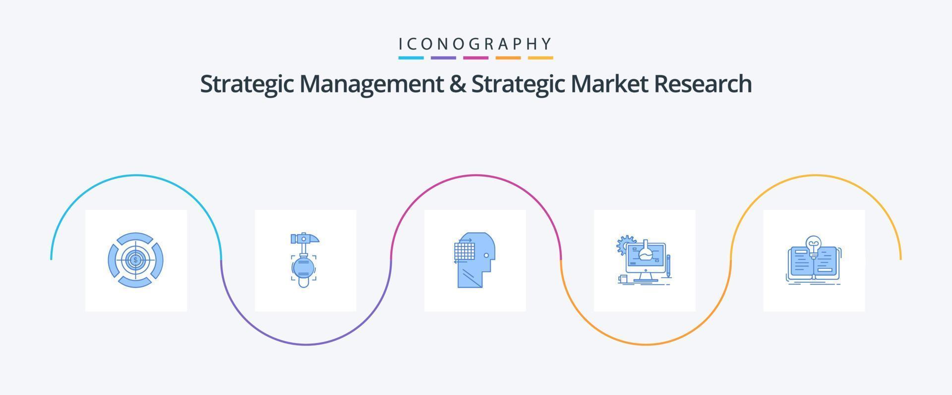 paquete de iconos azul 5 de gestión estratégica e investigación de mercado estratégico que incluye idea. tecnología. usuario. eso. químico vector