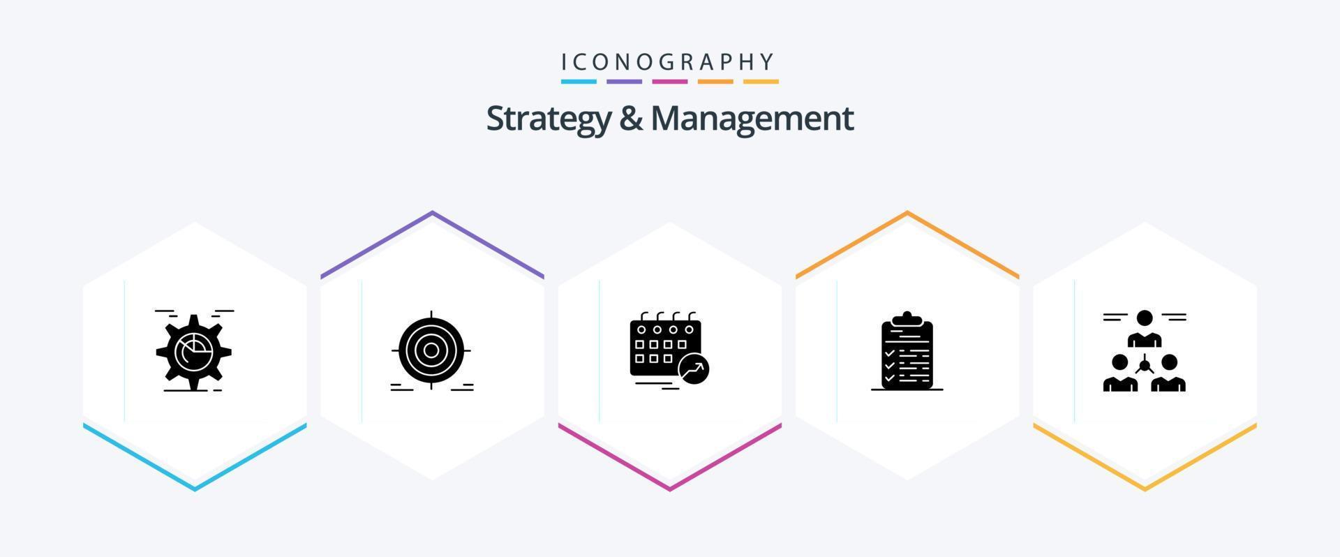 Strategy And Management 25 Glyph icon pack including task. checklist. goal. arrow. date vector