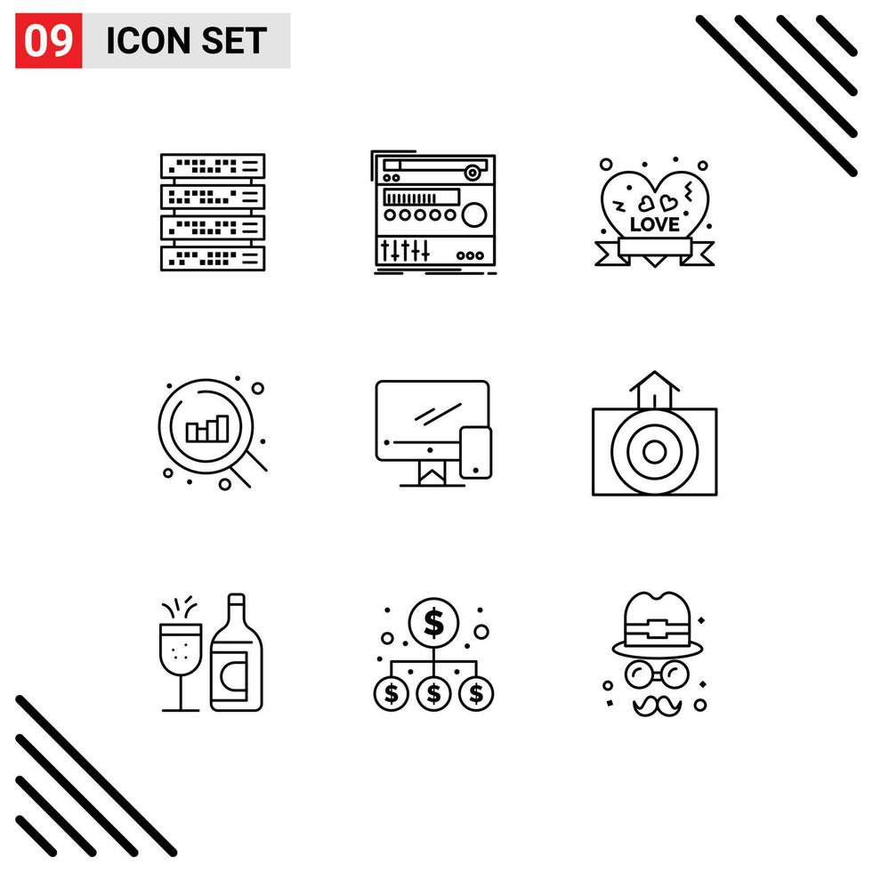 Pictogram Set of 9 Simple Outlines of monitor search studio chart ribbon badge Editable Vector Design Elements