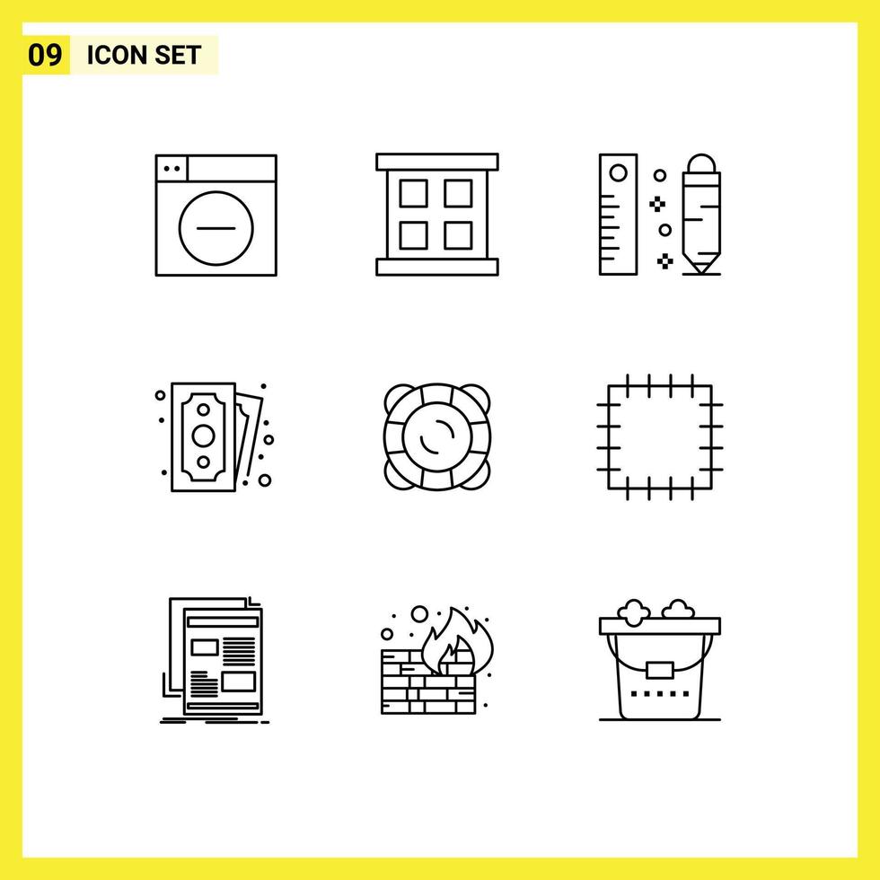 Pack of 9 creative Outlines of support protection measuring shopping money Editable Vector Design Elements