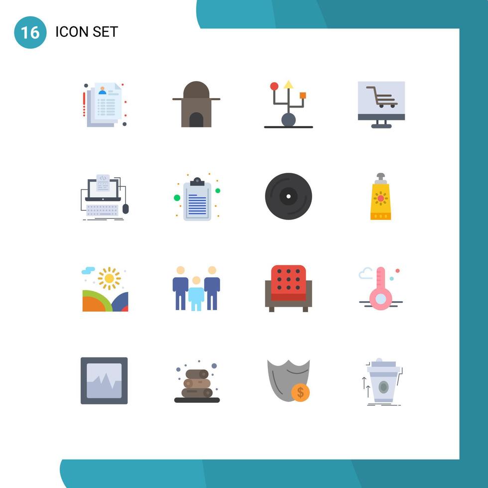 paquete de 16 signos y símbolos de colores planos modernos para medios de impresión web, como computadoras de proyectos de código, tecnología de productos, paquete editable de elementos de diseño de vectores creativos