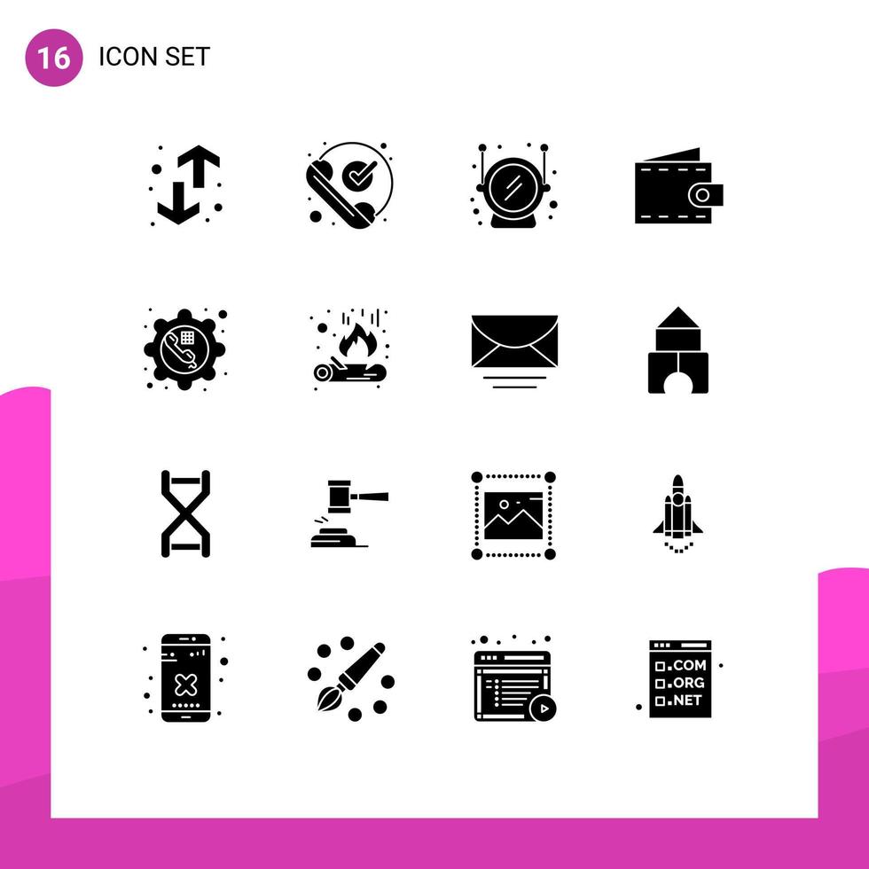 Set of 16 Commercial Solid Glyphs pack for phone purse phone money safety Editable Vector Design Elements