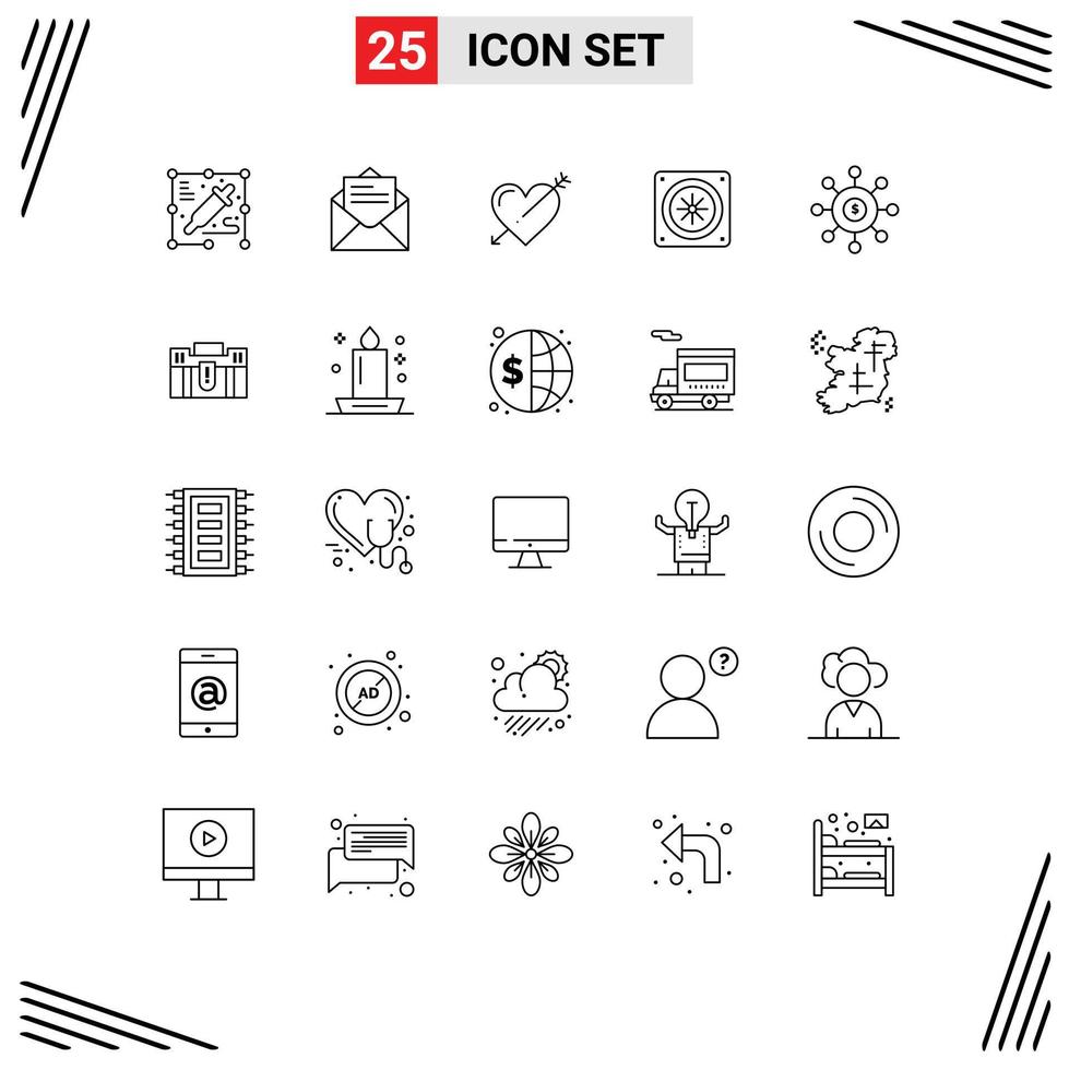 Group of 25 Lines Signs and Symbols for connection dollar arrow fan computer Editable Vector Design Elements