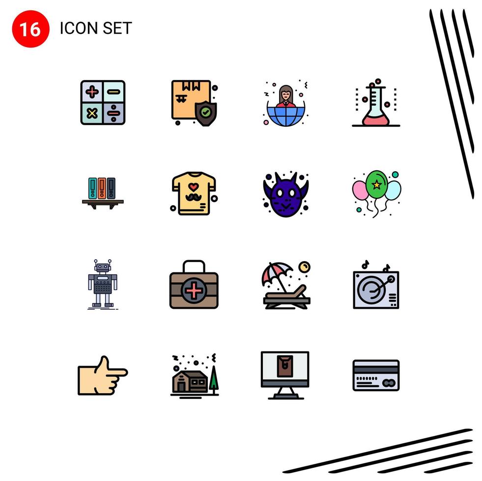 Mobile Interface Flat Color Filled Line Set of 16 Pictograms of archive test tube offshore lab glassware erlenmeyer flask Editable Creative Vector Design Elements