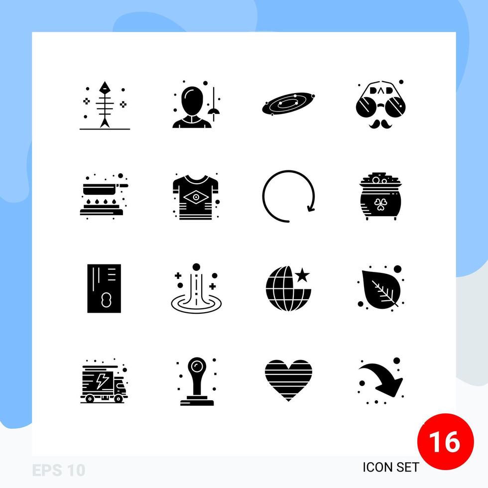 Group of 16 Modern Solid Glyphs Set for fathers day face galaxy dad universe Editable Vector Design Elements