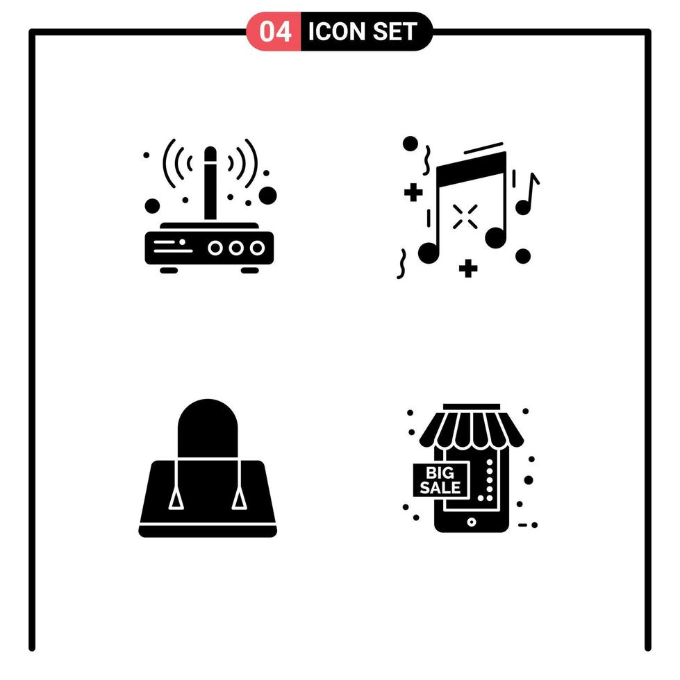 Set of 4 Vector Solid Glyphs on Grid for modem fashion connection music sale Editable Vector Design Elements