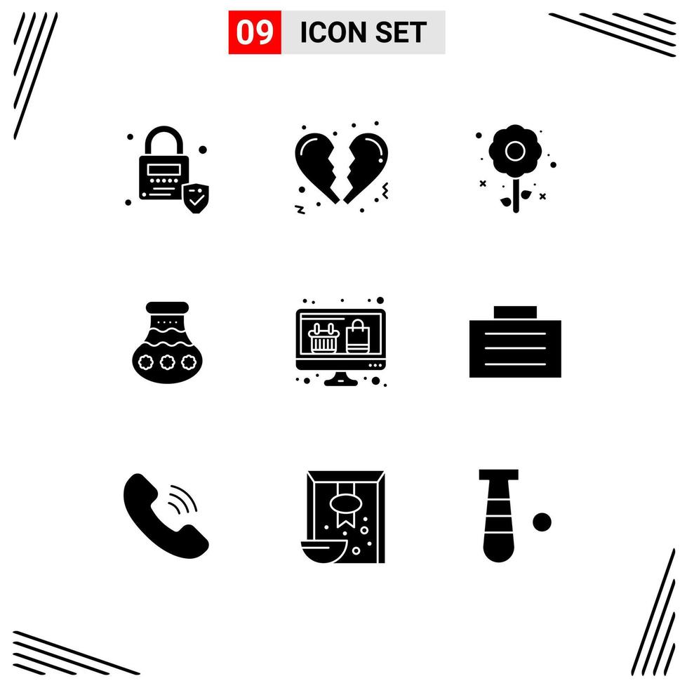 Group of 9 Modern Solid Glyphs Set for monitor computer easter festival water Editable Vector Design Elements