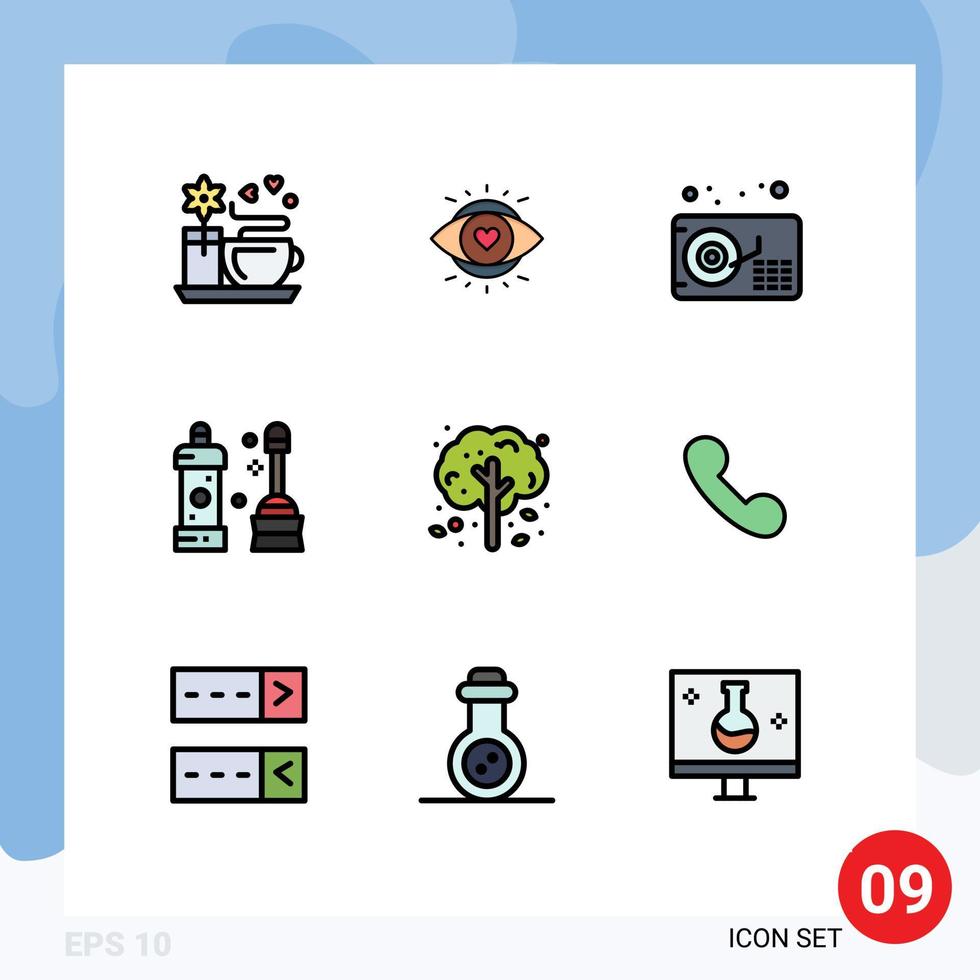 Group of 9 Filledline Flat Colors Signs and Symbols for tree apple tree gramophone apple equipment Editable Vector Design Elements