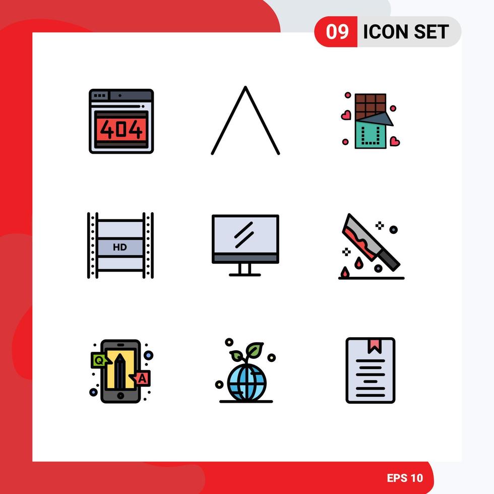 Pictogram Set of 9 Simple Filledline Flat Colors of monitor high love hd streaming hd film Editable Vector Design Elements