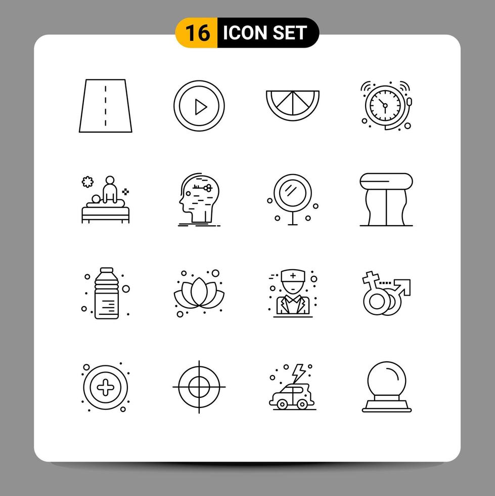 Modern Set of 16 Outlines and symbols such as care back lemon watch clock Editable Vector Design Elements