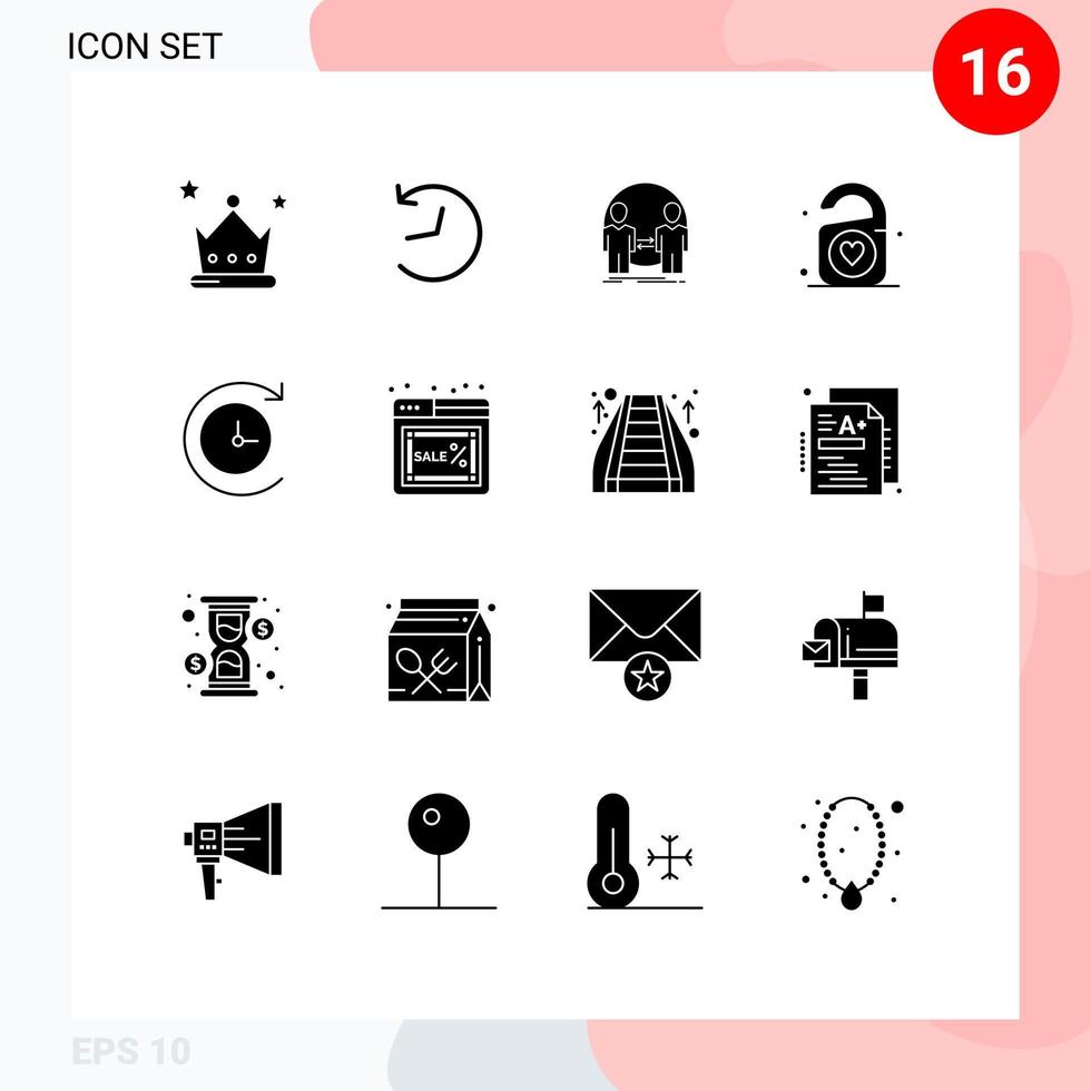 16 Universal Solid Glyphs Set for Web and Mobile Applications time machine wedding clone heart tag Editable Vector Design Elements