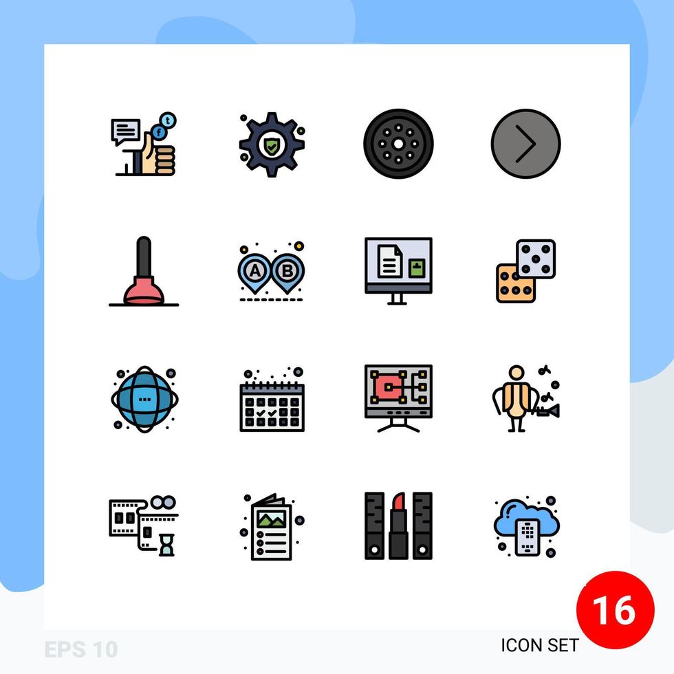 Set of 16 Commercial Flat Color Filled Lines pack for plunger media player lock media smart Editable Creative Vector Design Elements