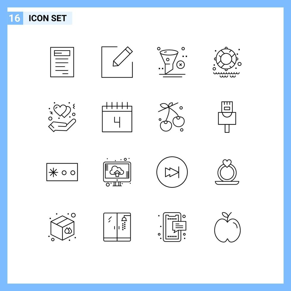 grupo de símbolos de iconos universales de 16 contornos modernos de filtro de gestos cardíacos que protegen los elementos de diseño de vectores editables de agua