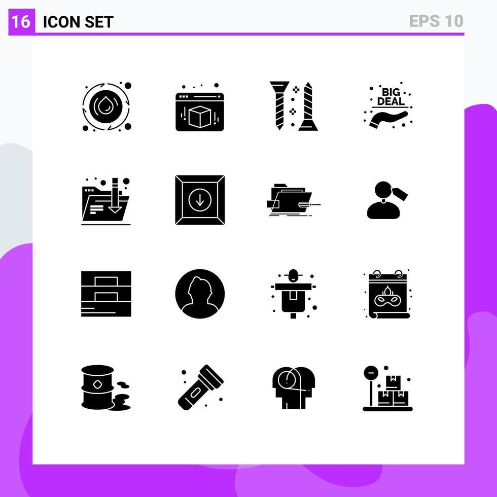 Mobile Interface Solid Glyph Set of 16 Pictograms of internet download screw sale buy Editable Vector Design Elements