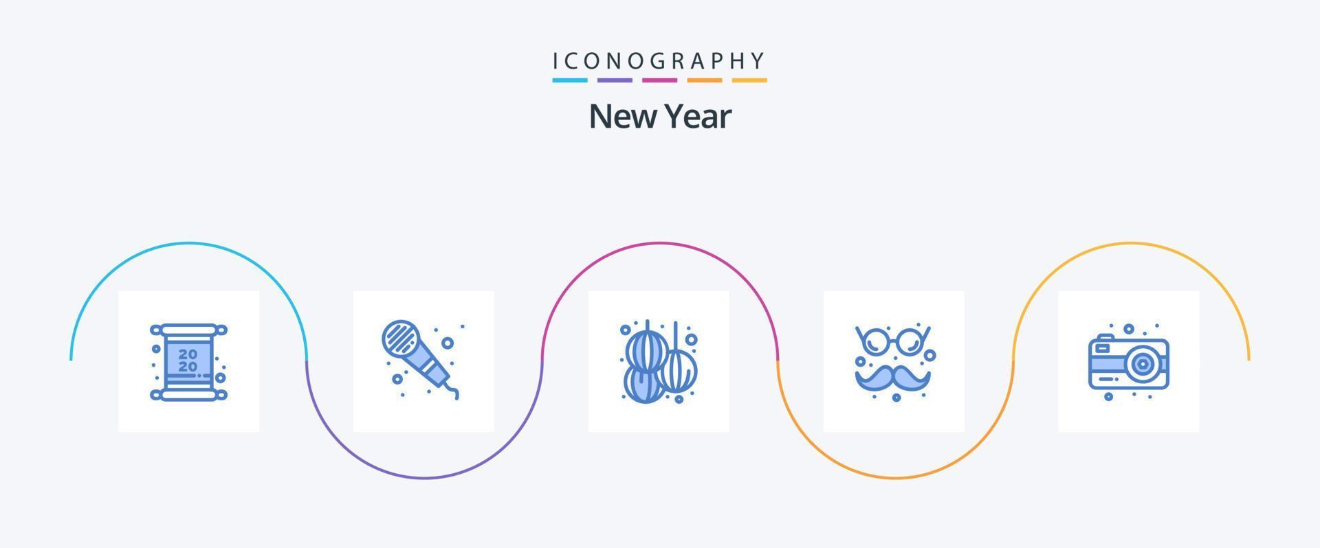 New Year Blue 5 Icon Pack Including photography. camera. lantern. glasses and mustaches. funny vector