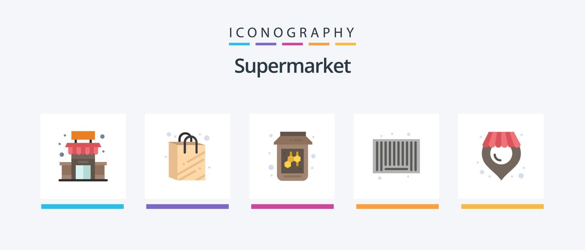 paquete de iconos de 5 planos de supermercado que incluye. tienda. Fruta. localización. buscar. diseño de iconos creativos vector