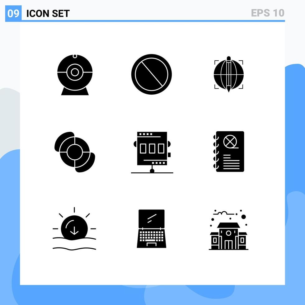 Pack of 9 Modern Solid Glyphs Signs and Symbols for Web Print Media such as chronometer activities focus summer beach Editable Vector Design Elements