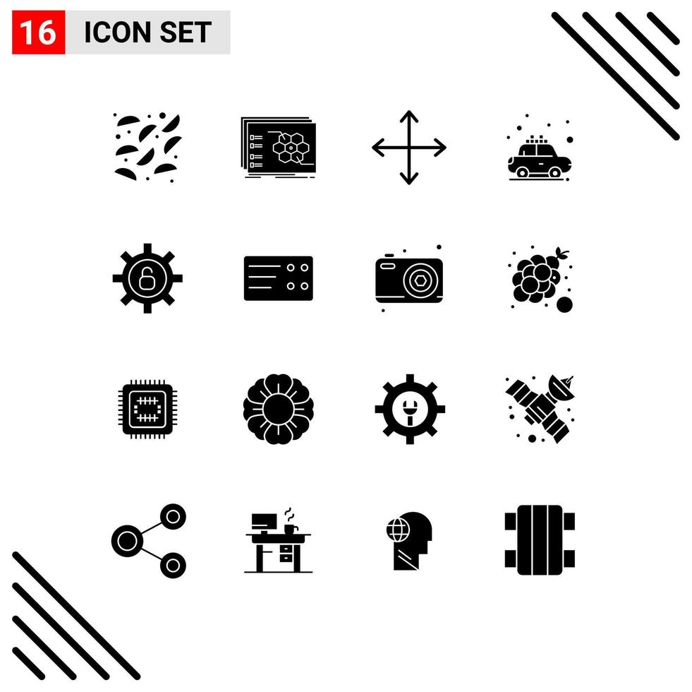 16 Thematic Vector Solid Glyphs and Editable Symbols of security rent arrows transport car Editable Vector Design Elements