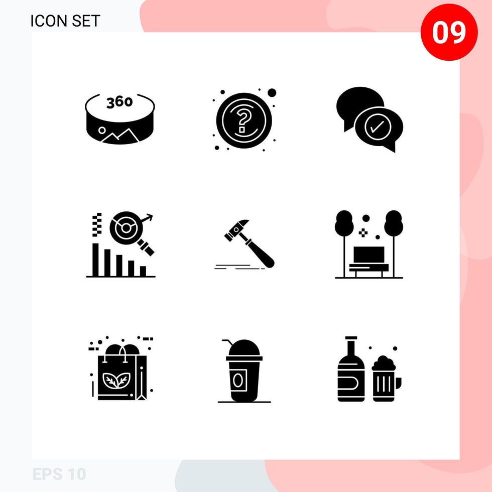 Mobile Interface Solid Glyph Set of 9 Pictograms of carpenter tool mail construction search Editable Vector Design Elements