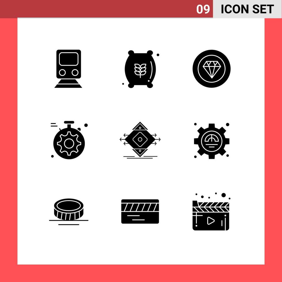 Pack of 9 Modern Solid Glyphs Signs and Symbols for Web Print Media such as lane setting food gear performance Editable Vector Design Elements