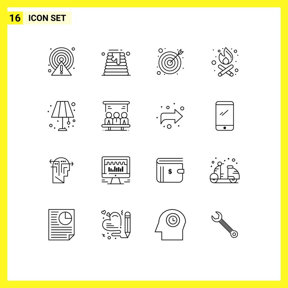 Universal Icon Symbols Group of 16 Modern Outlines of lighting home lamp arrow floor fire Editable Vector Design Elements