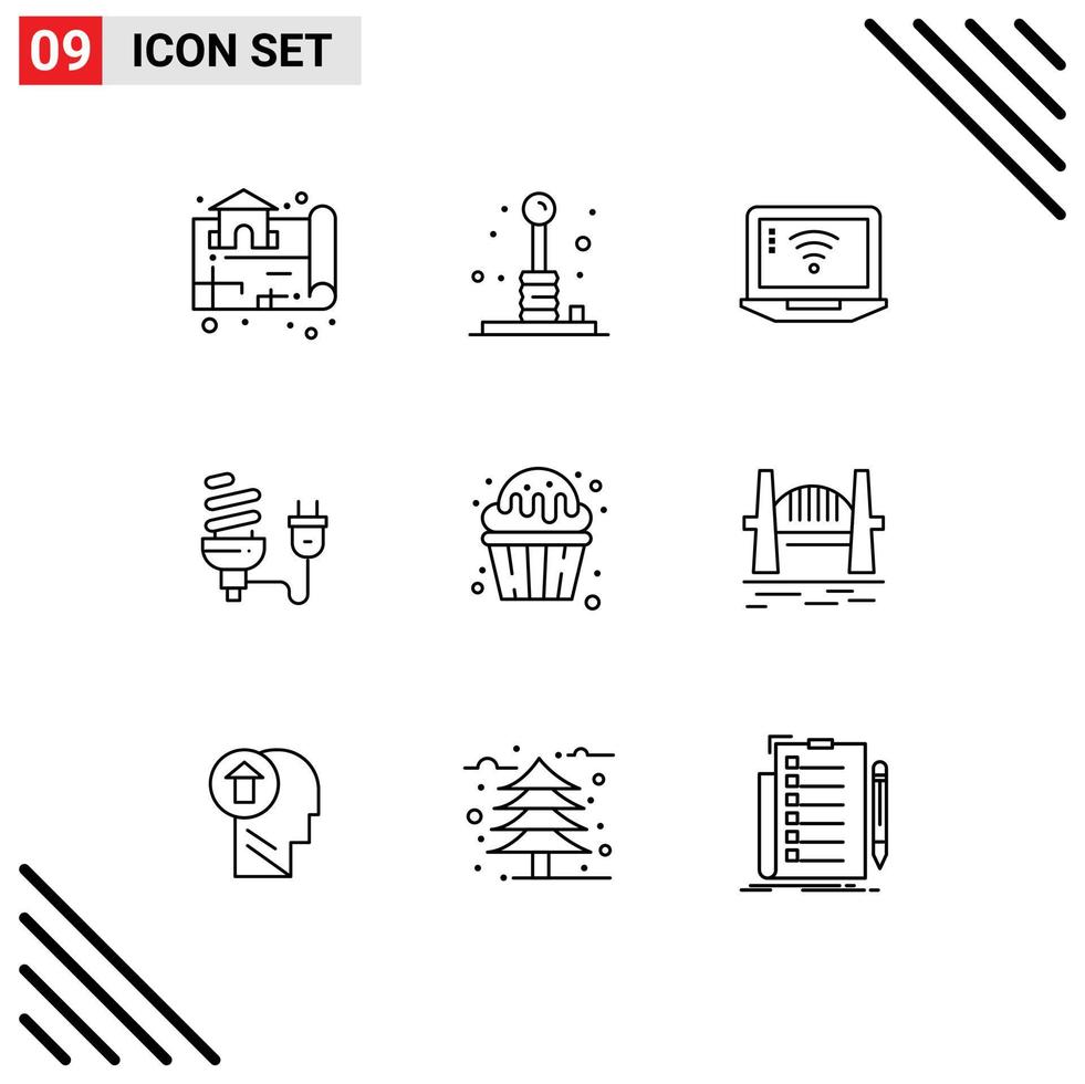 Pack of 9 creative Outlines of light bulb eletrical recreation economic wifi Editable Vector Design Elements