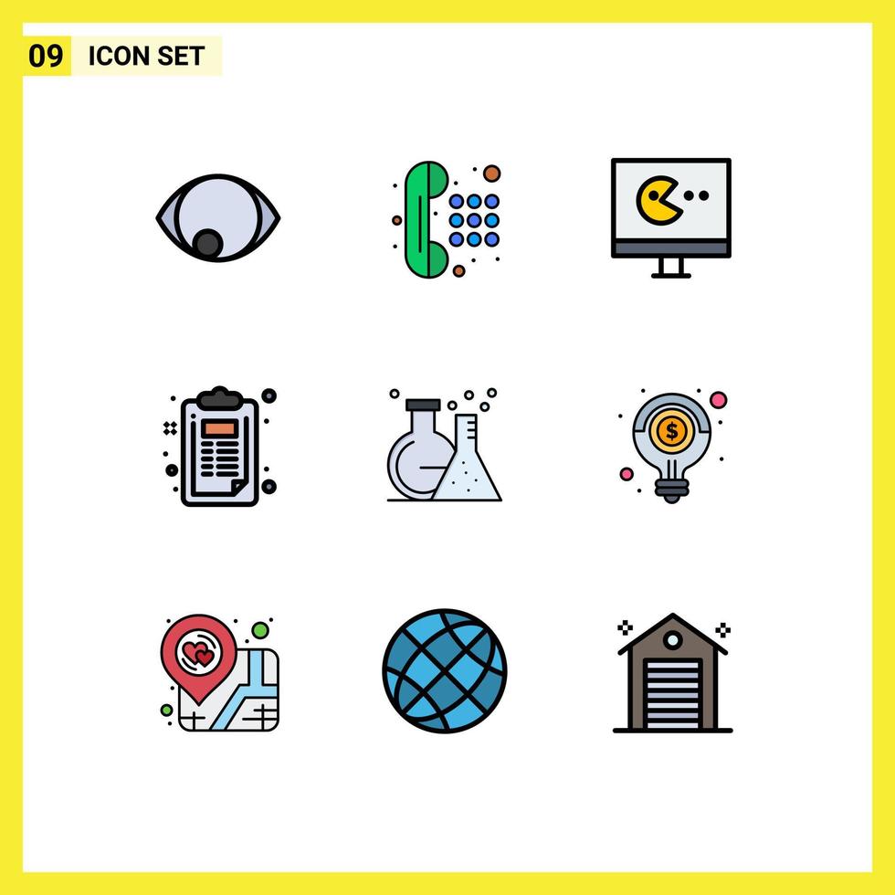 Set of 9 Modern UI Icons Symbols Signs for tube flask game document clipboard Editable Vector Design Elements