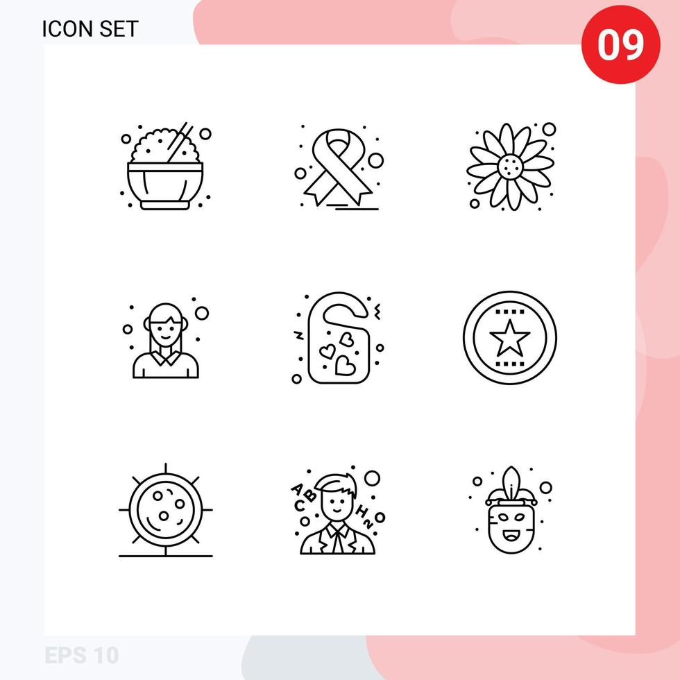 Set of 9 Vector Outlines on Grid for wedding love sun flower tag woman Editable Vector Design Elements