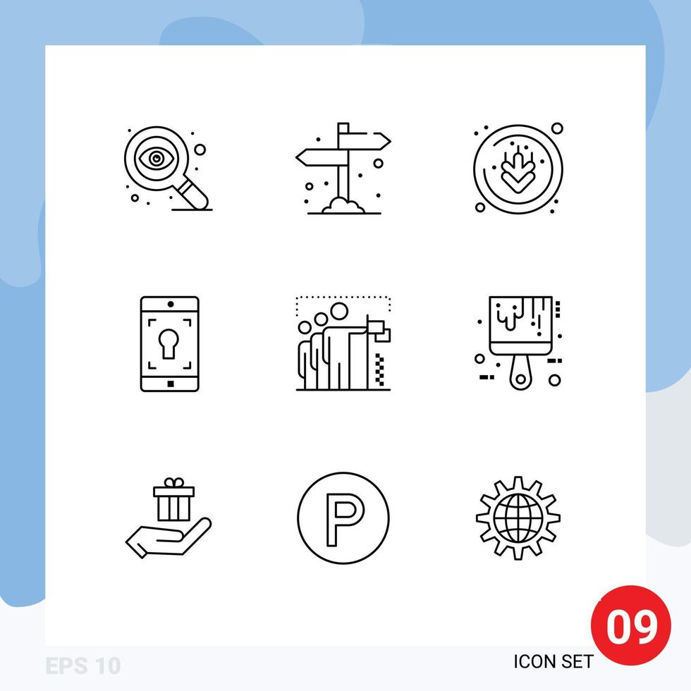 Set of 9 Commercial Outlines pack for group team gluten flag mobile application Editable Vector Design Elements