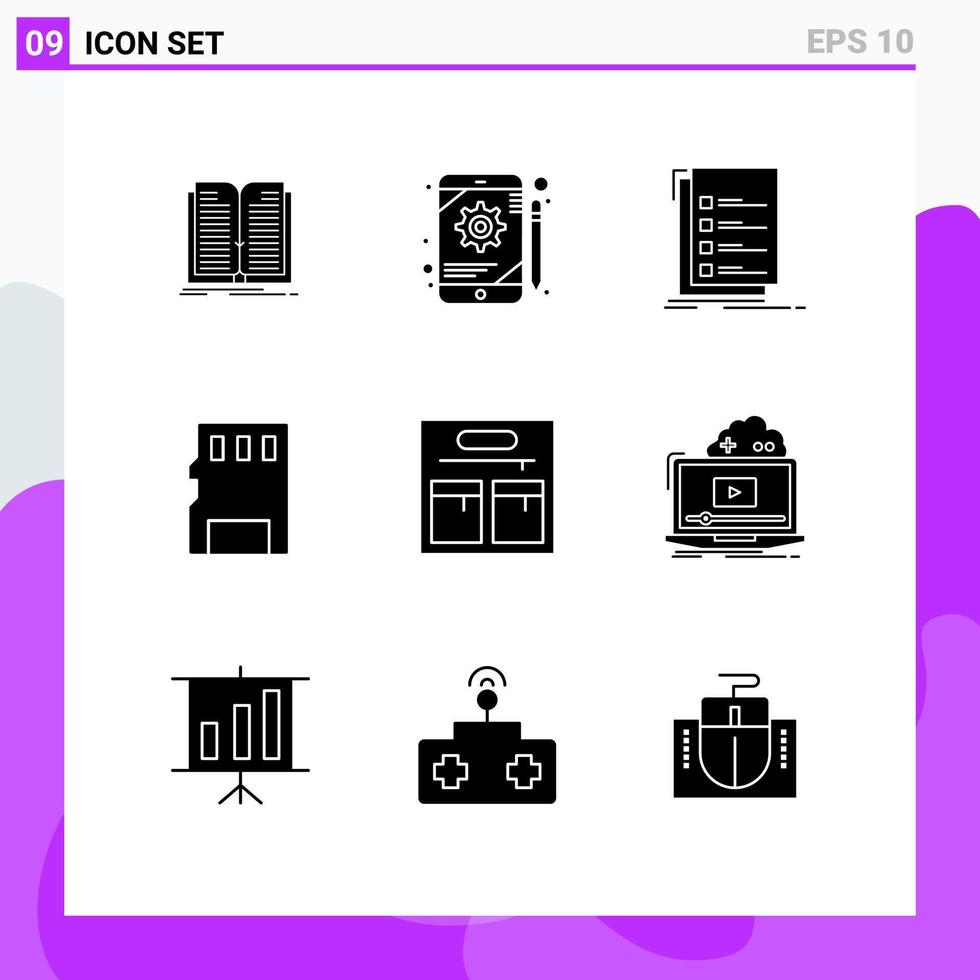 9 concepto de glifo sólido para sitios web móviles y aplicaciones bolsa de memoria tarjeta de memoria para hacer elementos de diseño vectorial editables vector