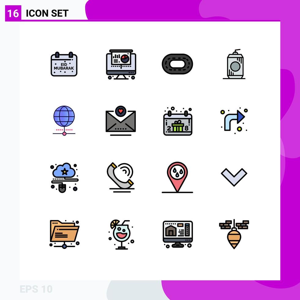 Pack of 16 creative Flat Color Filled Lines of browser globe stadium usa cola Editable Creative Vector Design Elements