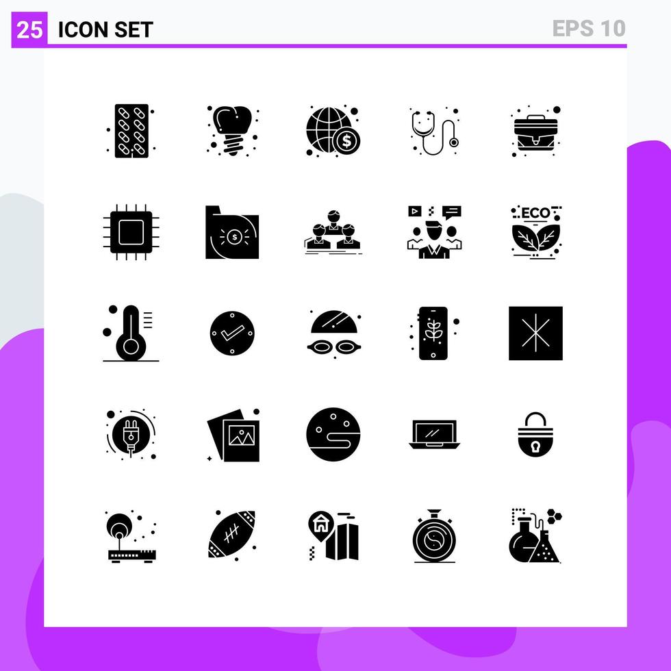 Editable Vector Line Pack of 25 Simple Solid Glyphs of office bag economy stethoscope hospital Editable Vector Design Elements