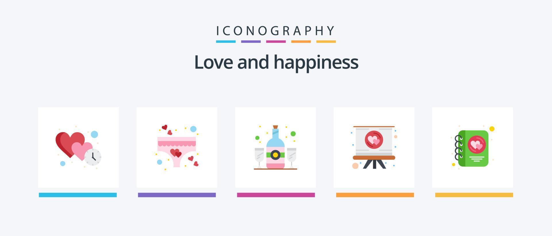 paquete de iconos love flat 5 que incluye diario. presentación. romance. amar. bebida. diseño de iconos creativos vector