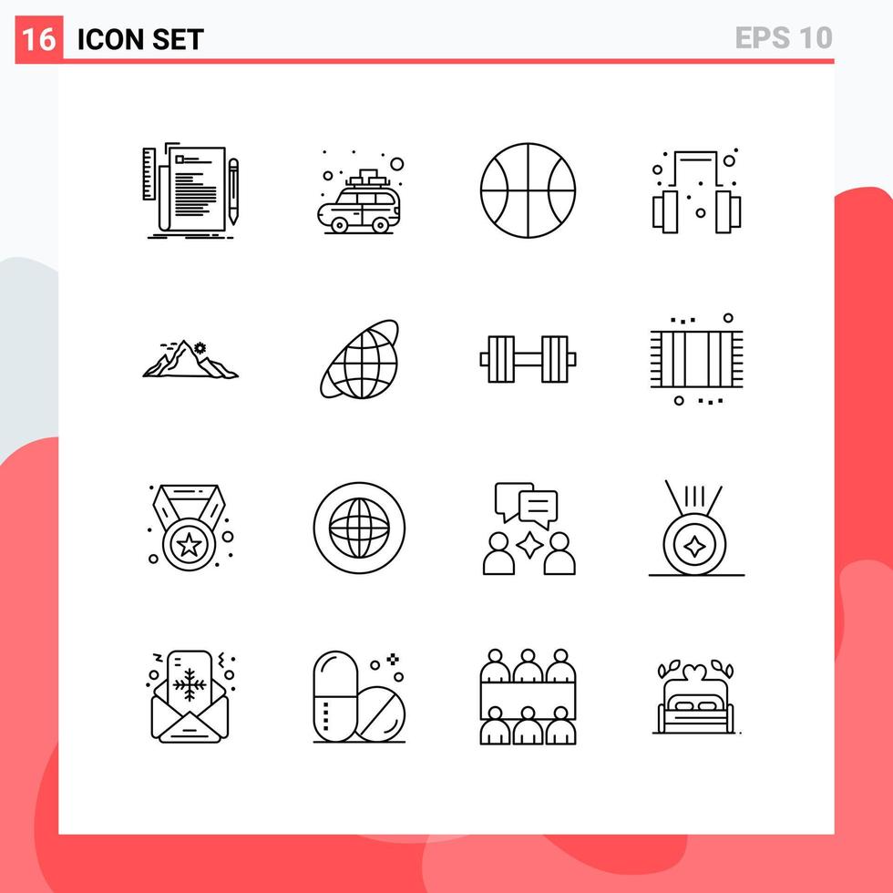 16 Universal Outlines Set for Web and Mobile Applications hill mountain bus support headset Editable Vector Design Elements