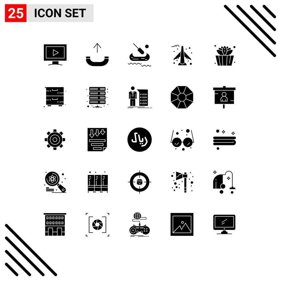 Solid Glyph Pack of 25 Universal Symbols of cupboard lotus kayak sauna plane Editable Vector Design Elements