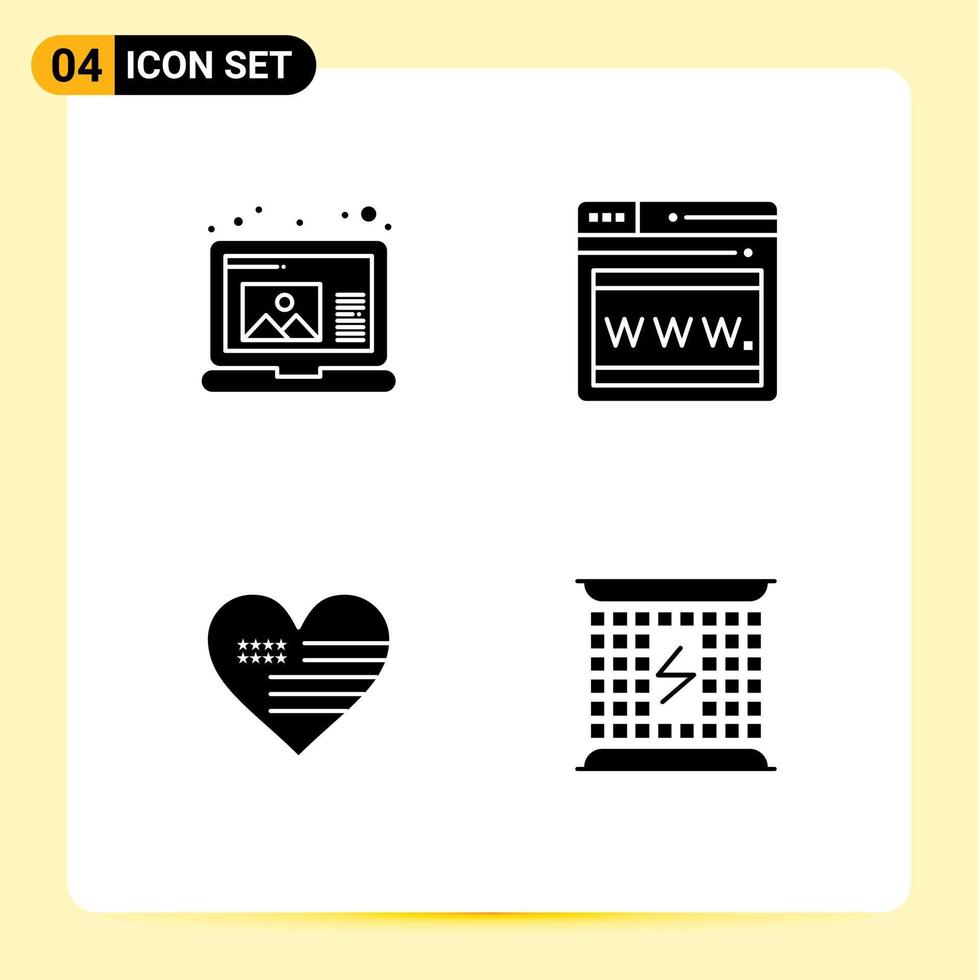 Set of 4 Commercial Solid Glyphs pack for create flag seo heart charging Editable Vector Design Elements