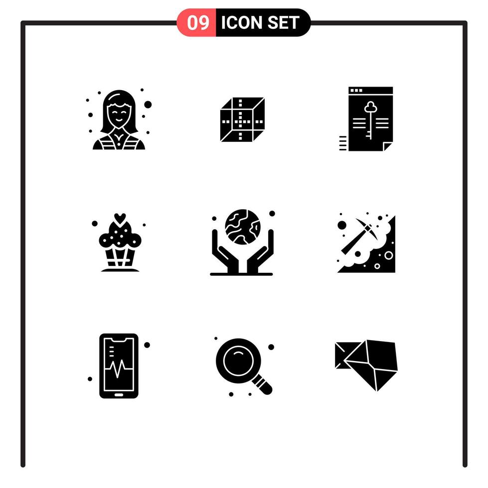Set of 9 Commercial Solid Glyphs pack for environment cupcake shepping cake key Editable Vector Design Elements