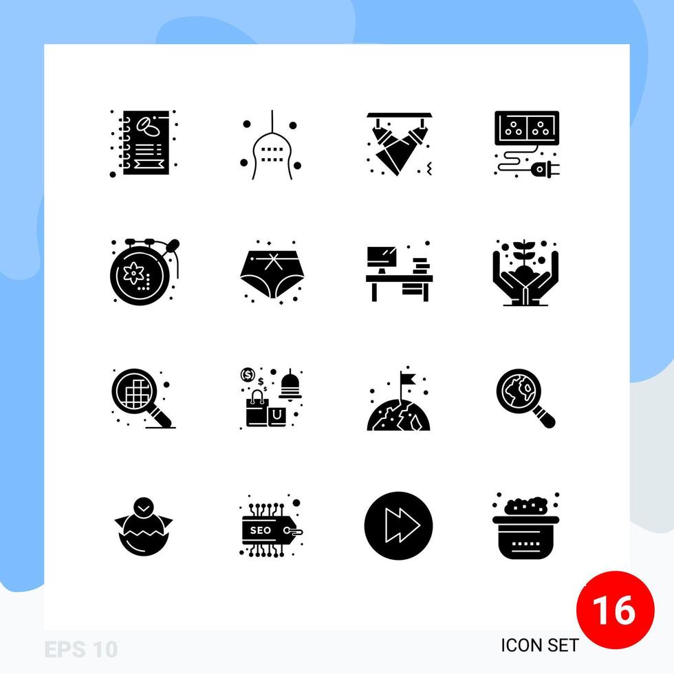 Group of 16 Solid Glyphs Signs and Symbols for energy cable turkey adapter lights Editable Vector Design Elements