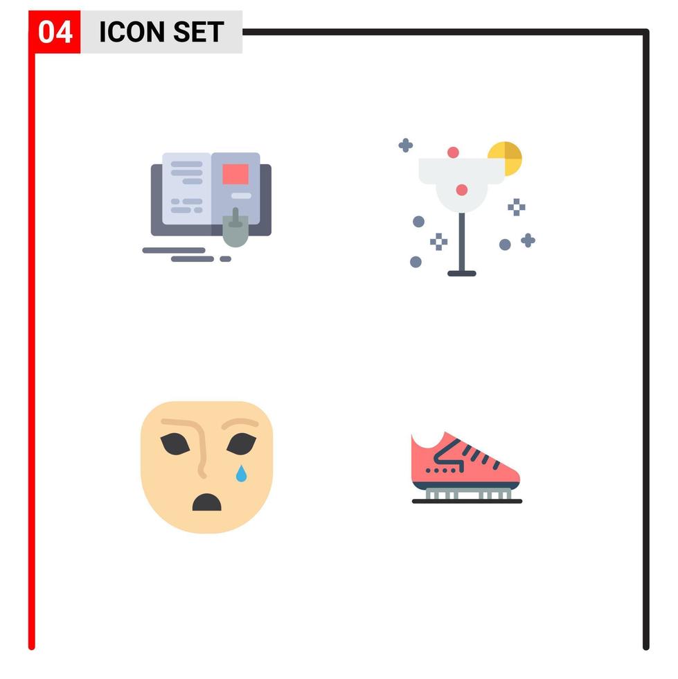 conjunto moderno de 4 iconos y símbolos planos, como cara de libro, ratón, lima, elementos de diseño de vectores editables tristes
