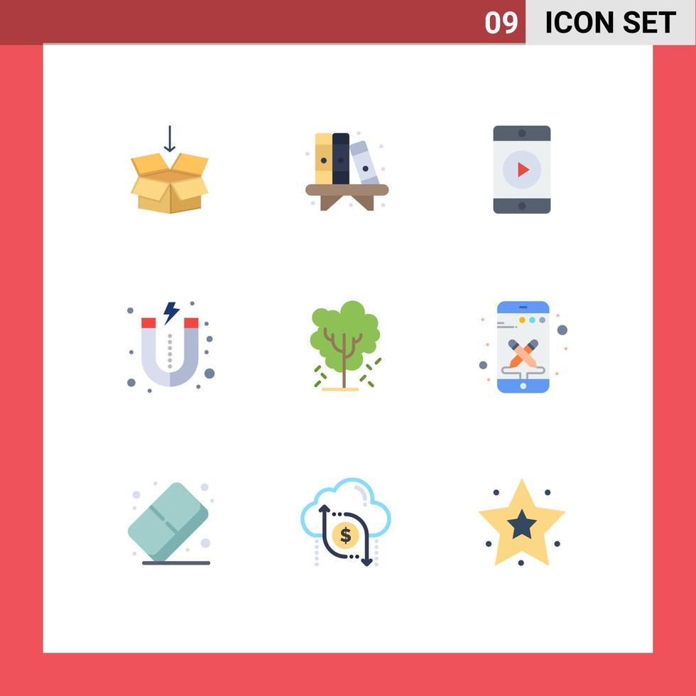 Set of 9 Commercial Flat Colors pack for nature apple mobile tree magnet Editable Vector Design Elements