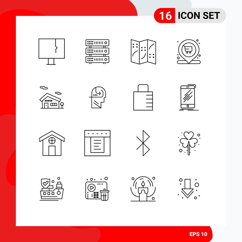 Pictogram Set of 16 Simple Outlines of home cart hosting location market Editable Vector Design Elements