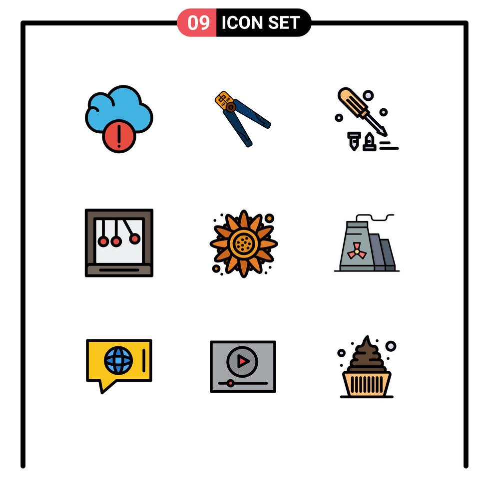 Pictogram Set of 9 Simple Filledline Flat Colors of flower newton work cradle tool Editable Vector Design Elements