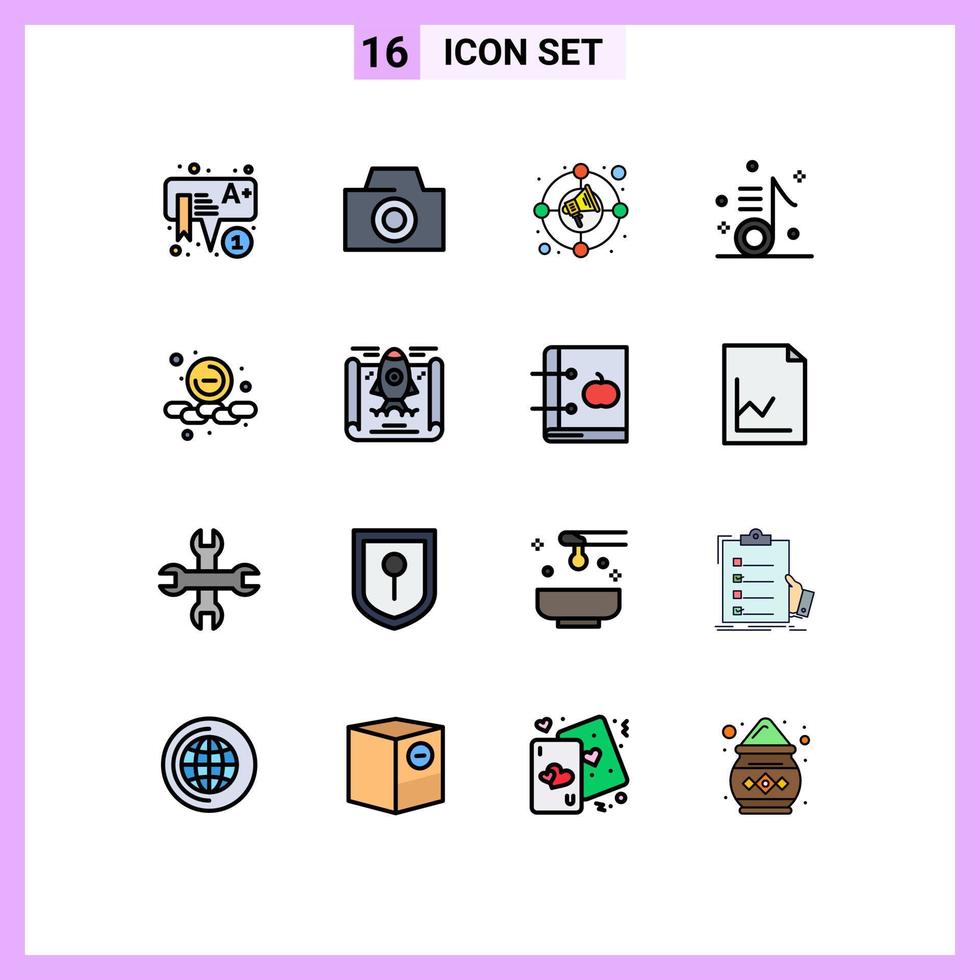 Modern Set of 16 Flat Color Filled Lines and symbols such as smaller less market song musical Editable Creative Vector Design Elements