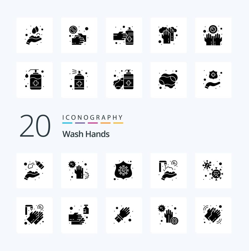 20 Wash Hands Solid Glyph icon Pack like washing protect hands hands twenty seconds shield vector