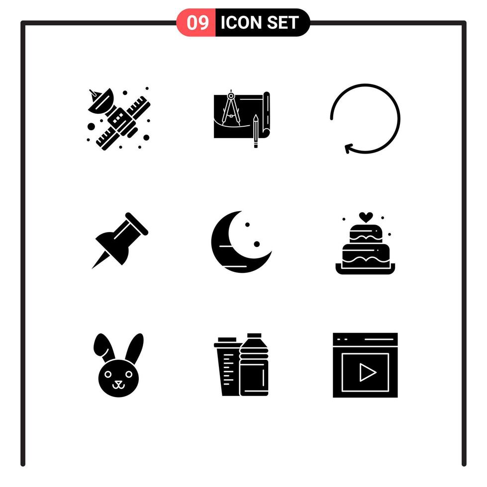 Set of 9 Modern UI Icons Symbols Signs for moon pin construction marker clockwise Editable Vector Design Elements