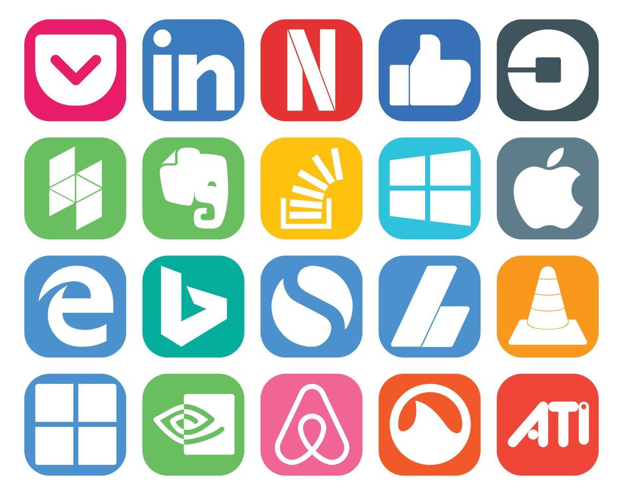 Paquete de 20 íconos de redes sociales que incluye el desbordamiento de apple evernote de borde simple vector